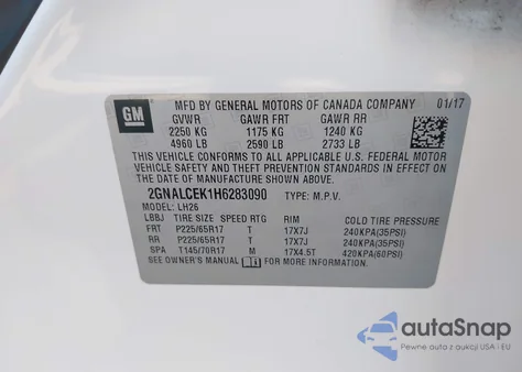 2017 Chevrolet Equinox Lt из США, поврежденный, VIN 2GNALCEK1H6283090